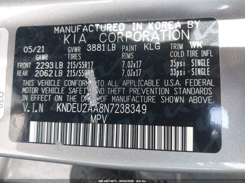 2022 Kia Seltos VIN KNDEU2AA8N7238349 IAAI salvage auction — FRONT END, Salvage Title, sold $3,450 on 2026-07-23 (photo 9)