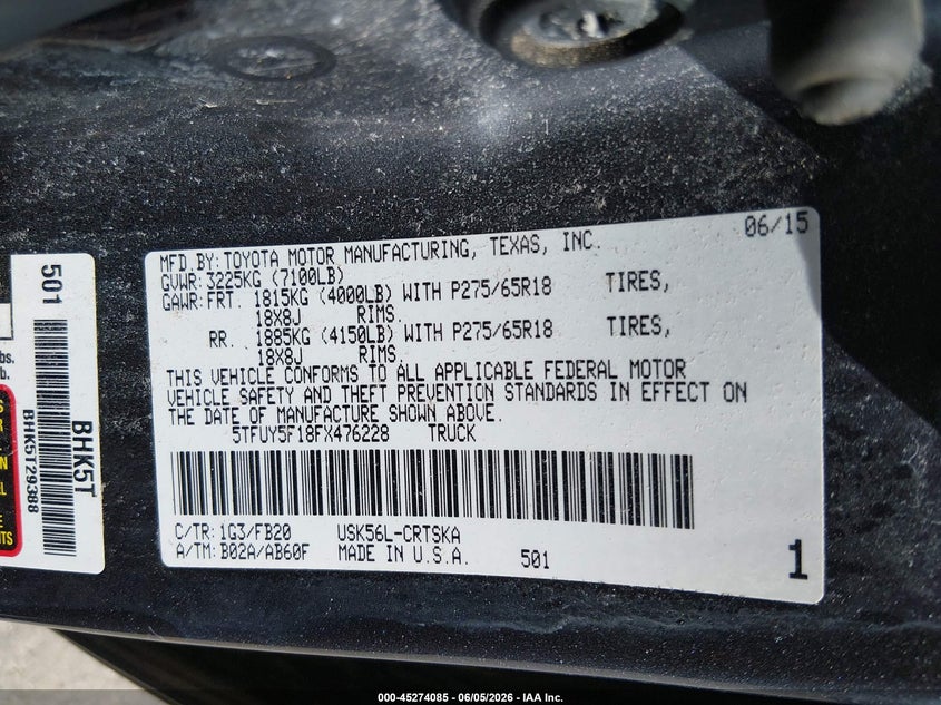 2015 Toyota Tundra VIN 5TFUY5F18FX476228 IAAI salvage auction — FRONT END, Salvage (Maine), sold $7,300 on 2026-07-31 (photo 9)