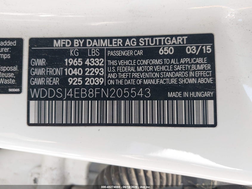 2015 Mercedes-benz Cla-klasse VIN WDDSJ4EB8FN205543 IAAI salvage auction — NORMAL WEAR, Bill Of Sale (California), sold $1,200 on 2026-07-21 (photo 9)