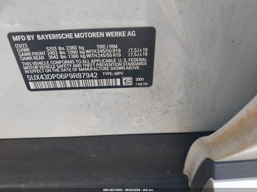 2023 BMW X3 VIN 5UX43DP06P9R87942 IAAI salvage auction — FRONT & REAR, Salvage Title, sold $16,100 on 2026-07-10 (photo 9)