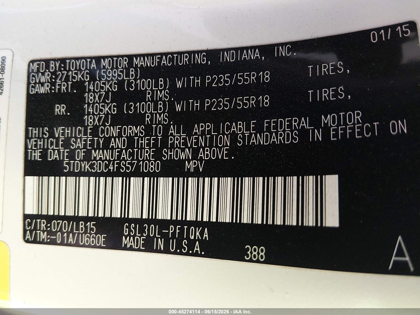 2015 Toyota Sienna VIN 5TDYK3DC4FS571080 IAAI salvage auction — NORMAL WEAR, Original (Kentucky), sold $2,500 on 2026-07-27 (photo 9)