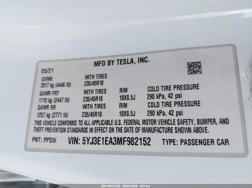 2021 Tesla Model 3 VIN 5YJ3E1EA3MF982152 IAAI salvage auction — FRONT END, Original (Texas), sold $6,650 on 2026-07-16 (photo 9)
