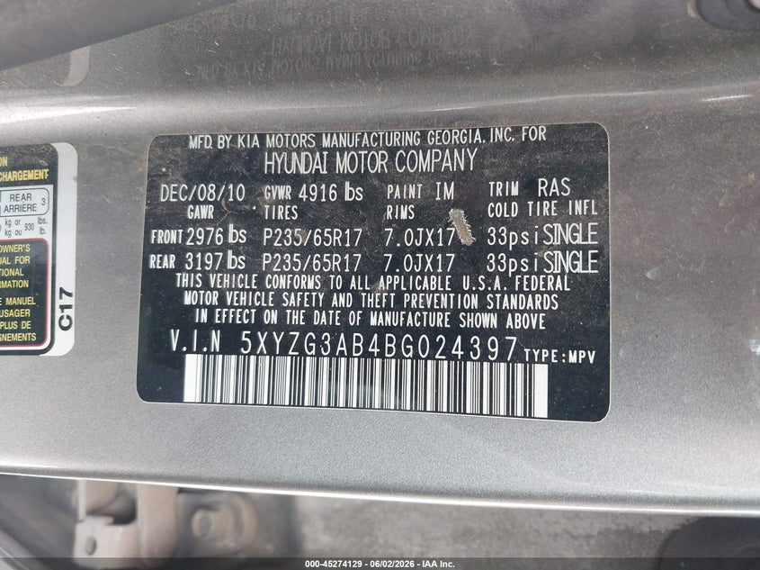 2011 Hyundai Santa fe VIN 5XYZG3AB4BG024397 IAAI salvage auction — NORMAL WEAR, Clear (Texas), sold $675 on 2026-07-30 (photo 9)