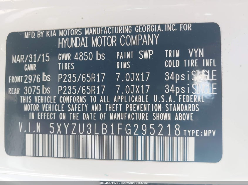 2015 Hyundai Santa fe VIN 5XYZU3LB1FG295218 IAAI salvage auction — FRONT END, Clear (Arkansas), sold $1,450 on 2026-07-29 (photo 9)
