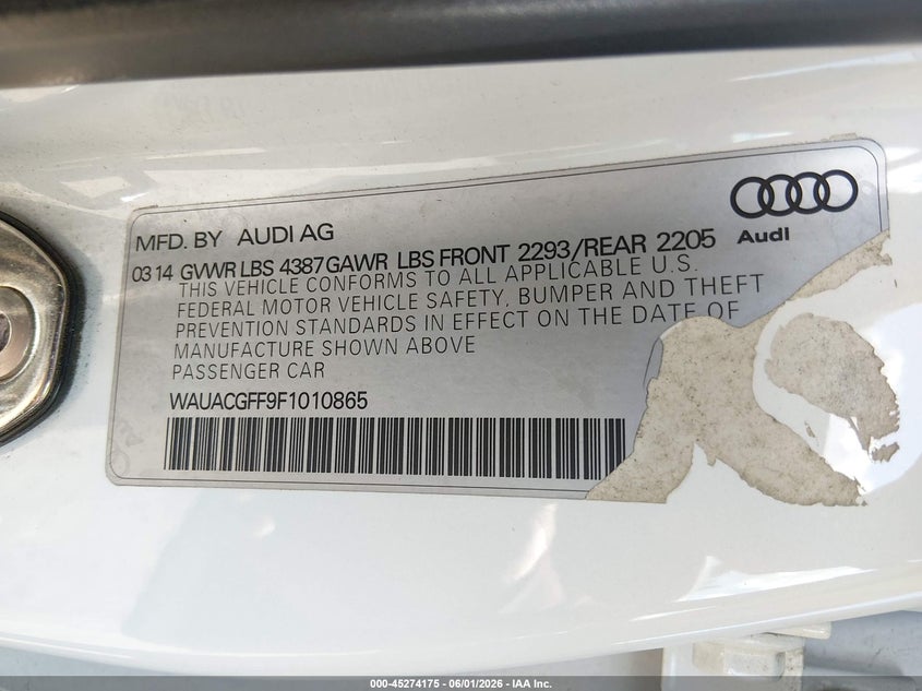 2015 Audi A3 VIN WAUACGFF9F1010865 IAAI salvage auction — NORMAL WEAR, Salvage Title, sold $450 on 2026-07-24 (photo 9)