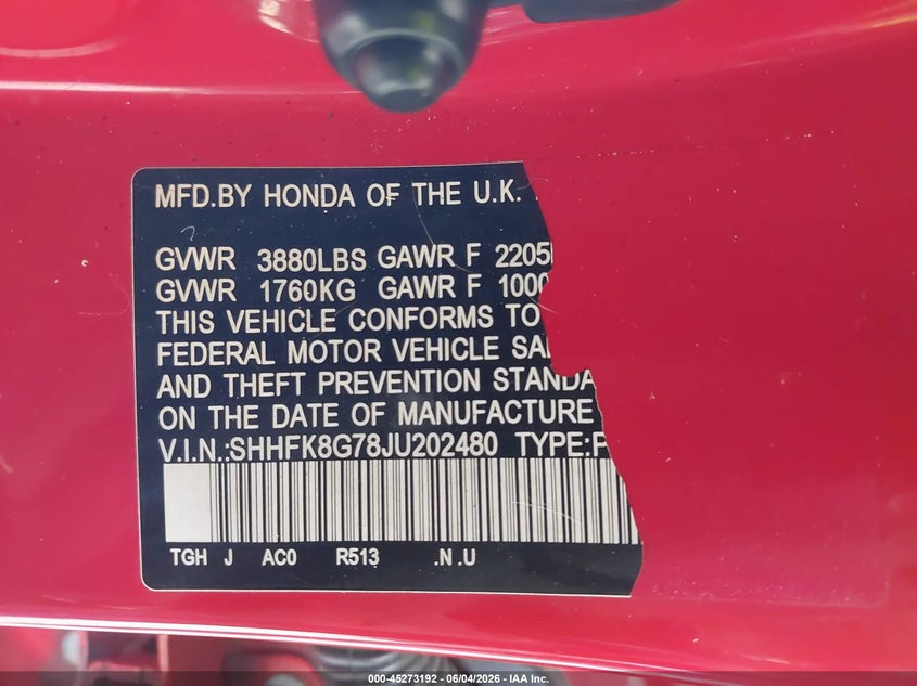 2018 Honda Civic type r VIN SHHFK8G78JU202480 IAAI salvage auction — ALL OVER, Salvage Title, sold $25 on 2026-08-01 (photo 9)