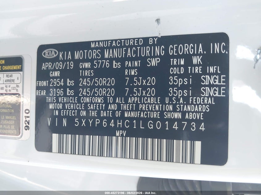 2020 Kia Telluride VIN 5XYP64HC1LG014734 IAAI salvage auction — FRONT END, Salvage Title, sold $5,850 on 2026-07-14 (photo 9)
