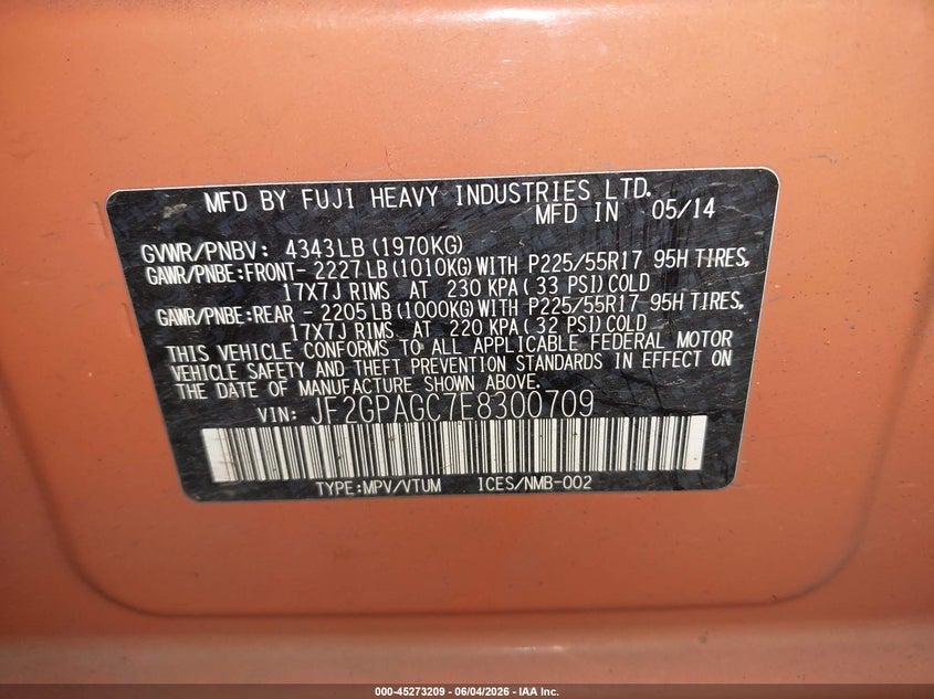2014 Subaru Xv VIN JF2GPAGC7E8300709 IAAI salvage auction — FRONT END, Salvage Title, sold $875 on 2026-07-16 (photo 9)