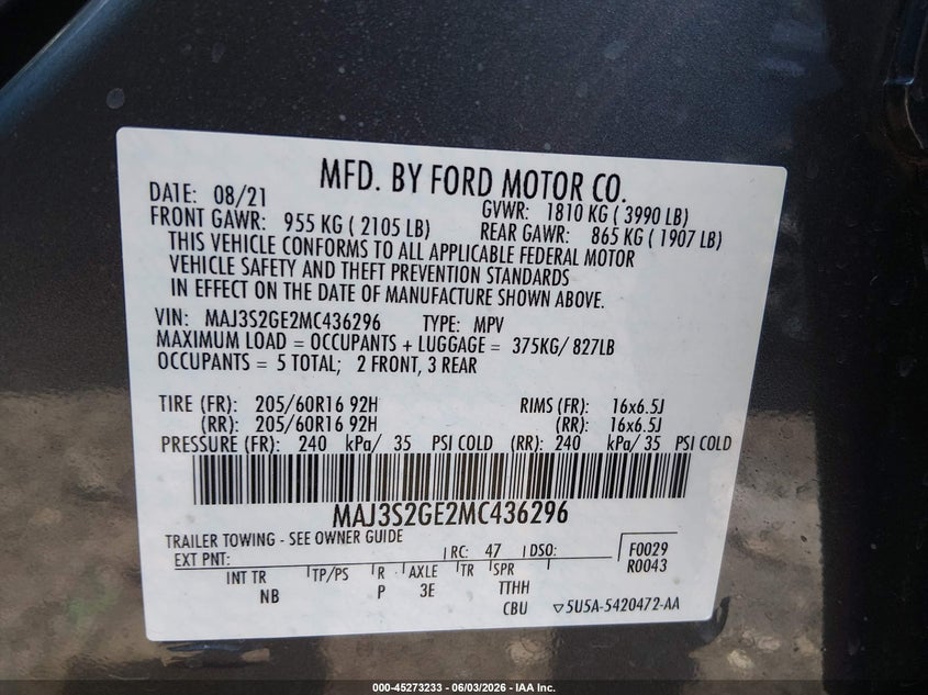 2021 Ford Ecosport VIN MAJ3S2GE2MC436296 IAAI salvage auction — FRONT END, Salvage (Ohio), sold $500 on 2026-07-29 (photo 9)