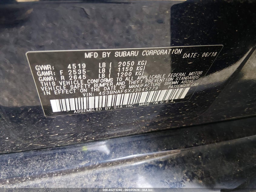 2018 Subaru LEGACY VIN 4S3BNAF6XJ3045779 IAAI salvage auction — FRONT & REAR, Wait Title, sold $2,500 on 2026-09-12 (photo 9)
