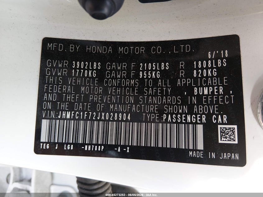 2018 Honda Civic VIN JHMFC1F72JX028904 IAAI salvage auction — FRONT END, Salvage Title, sold $4,650 on 2026-07-19 (photo 9)