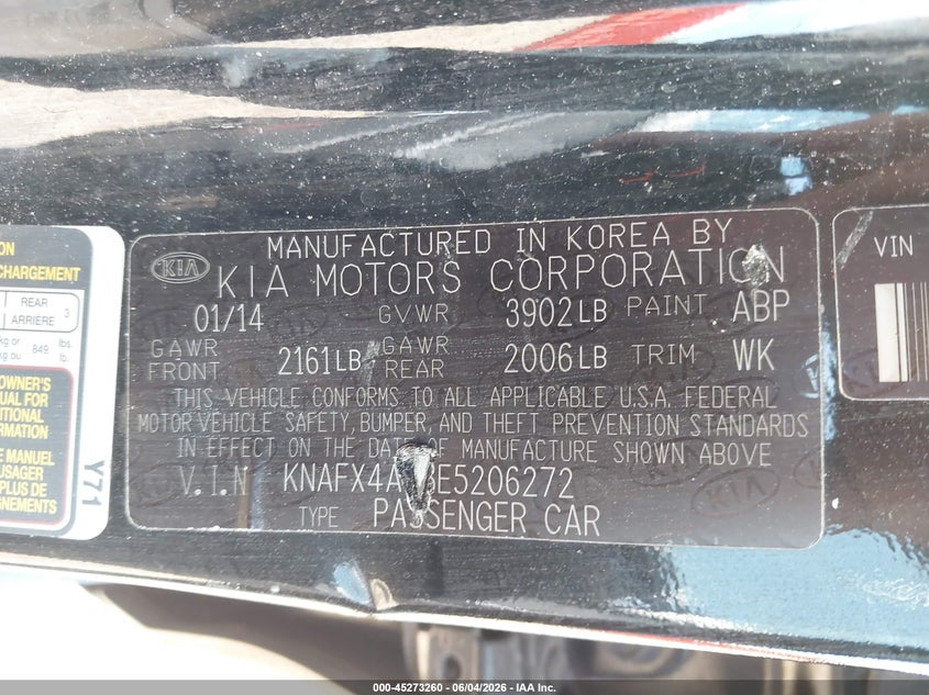 2014 Kia Forte VIN KNAFX4A88E5206272 IAAI salvage auction — LEFT SIDE, Salvage Title, sold $625 on 2026-07-29 (photo 9)