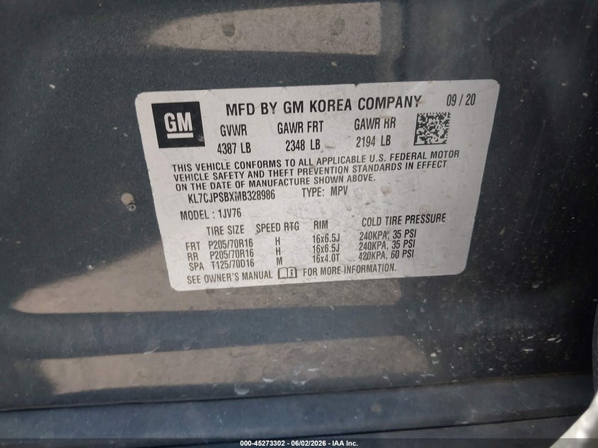 2021 Chevrolet Trax VIN KL7CJPSBXMB328986 IAAI salvage auction — LEFT FRONT, Salvage Title, sold $2,125 on 2026-07-08 (photo 9)