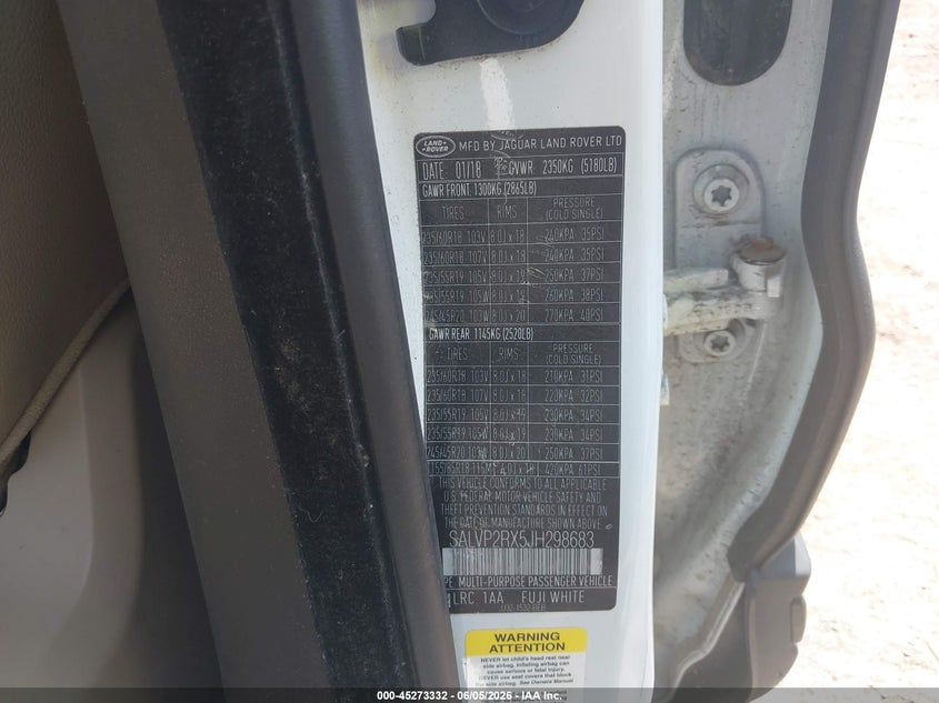 2018 Land rover Range rover evoque VIN SALVP2RX5JH298683 IAAI salvage auction — FRONT END, Salvage Title, sold $3,050 on 2026-07-31 (photo 9)