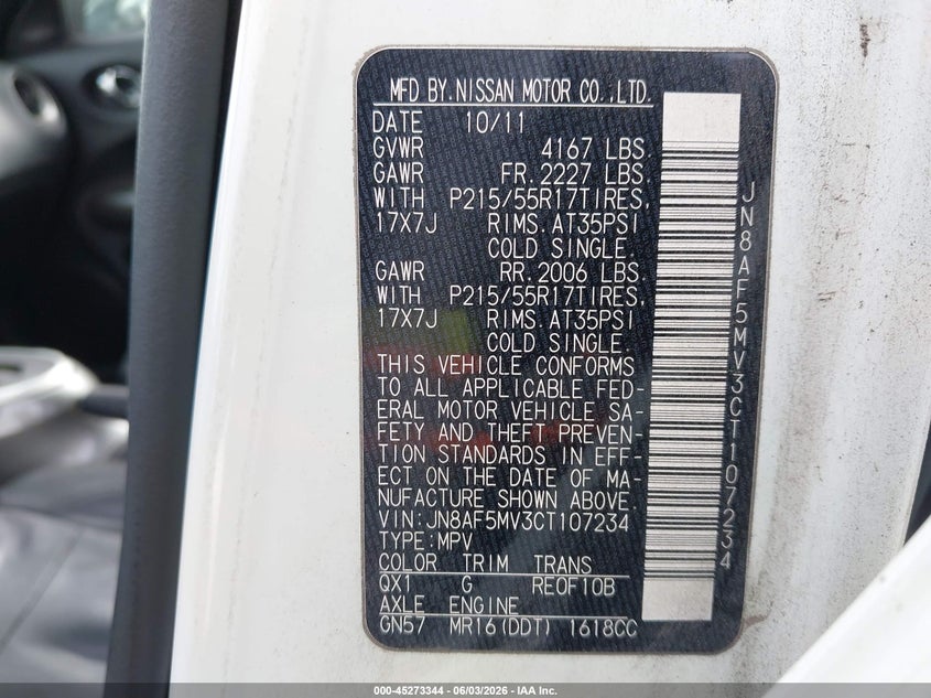 2012 Nissan Juke VIN JN8AF5MV3CT107234 IAAI salvage auction — REAR END, Salvage Title, sold $875 on 2026-07-14 (photo 9)