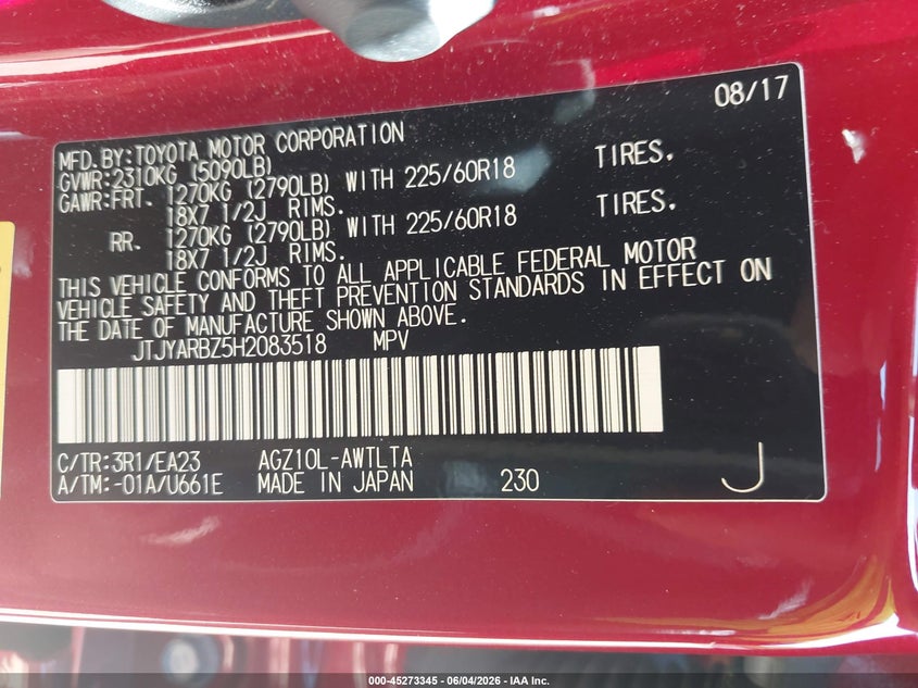 2017 Lexus Nx VIN JTJYARBZ5H2083518 IAAI salvage auction — FRONT END, Clear (Tennessee), sold $5,700 on 2026-07-29 (photo 9)