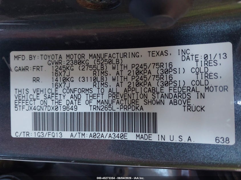 2013 Toyota Tacoma VIN 5TFJX4GN7DX019649 IAAI salvage auction — SIDE, Salvage Title, sold $5,000 on 2026-07-23 (photo 9)
