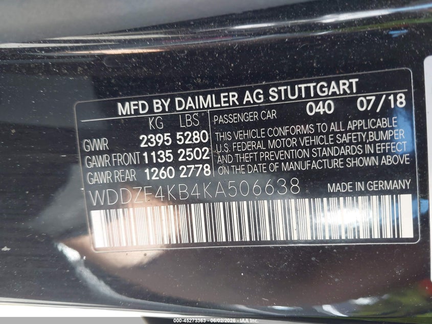 2019 Mercedes-benz E-klasse VIN WDDZF4KB4KA506638 IAAI salvage auction — FRONT END, Salvage Title, sold $5,775 on 2026-07-20 (photo 9)