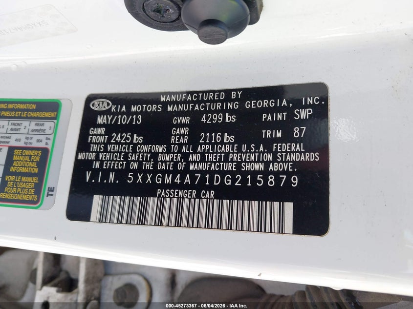 2013 Kia Optima VIN 5XXGM4A71DG215879 IAAI salvage auction — NORMAL WEAR, Clear (Alabama), sold $375 on 2026-07-09 (photo 9)