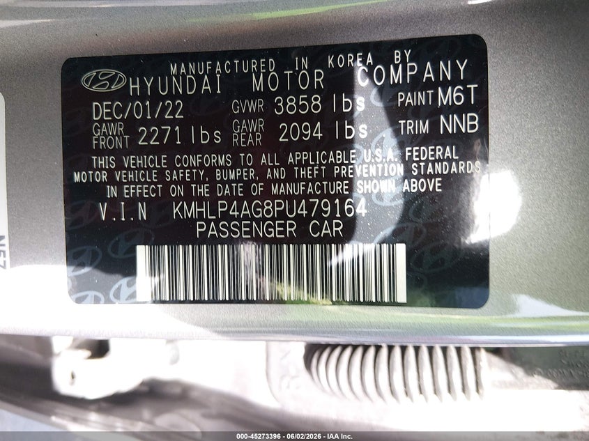 2023 Hyundai Elantra VIN KMHLP4AG8PU479164 IAAI salvage auction — FRONT END, Salvage Title, sold $2,500 on 2026-07-16 (photo 9)