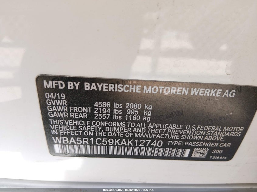2019 BMW 3er VIN WBA5R1C59KAK12740 IAAI salvage auction — RIGHT SIDE, Original (Texas), sold $6,100 on 2026-08-20 (photo 9)