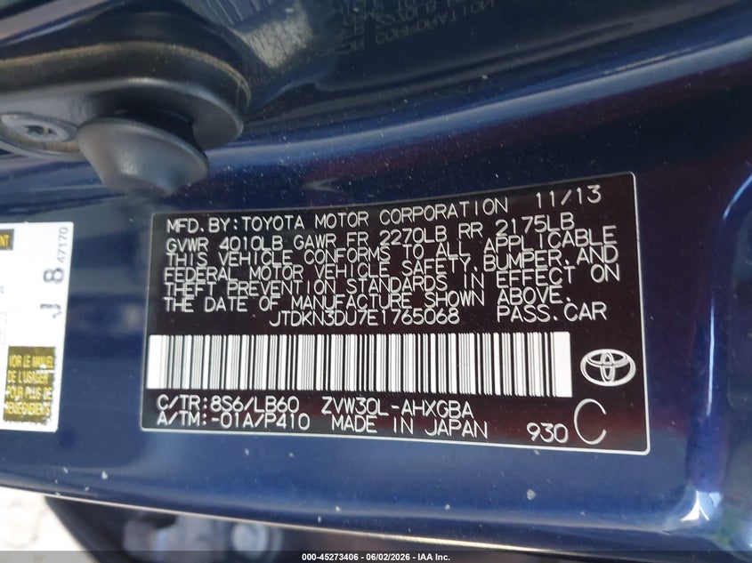 2014 Toyota Prius VIN JTDKN3DU7E1765068 IAAI salvage auction — NORMAL WEAR, Clear-Dealer Only (Arizona), sold $1,500 on 2026-07-07 (photo 9)