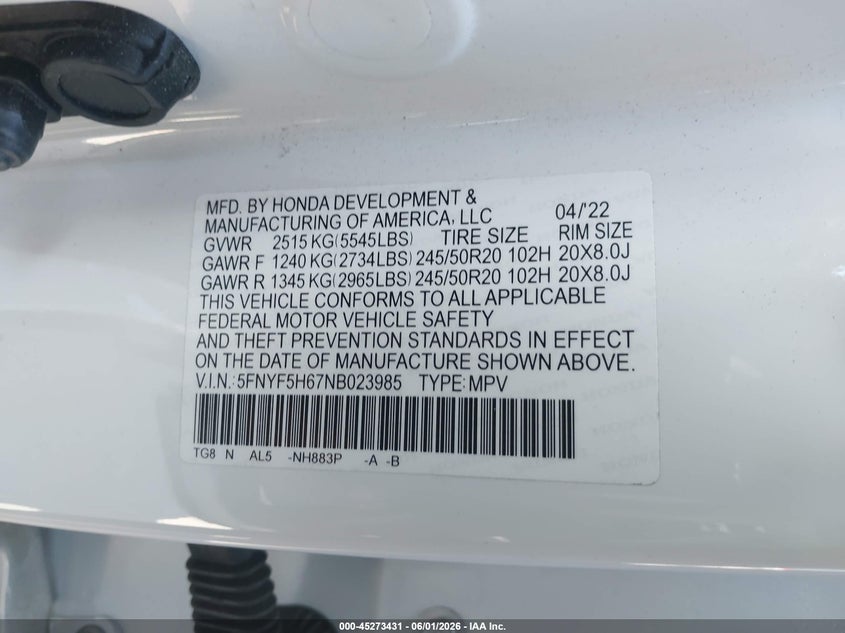 2022 Honda Pilot VIN 5FNYF5H67NB023985 IAAI salvage auction — FRONT END, Salvage Title, sold $10,200 on 2026-07-29 (photo 9)
