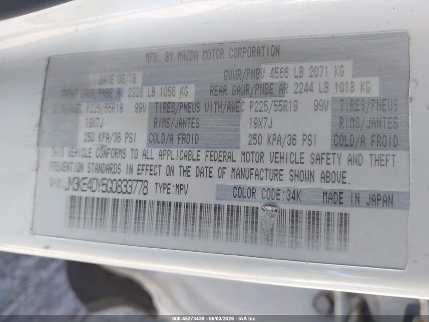 2016 Mazda Cx-5 VIN JM3KE4DY5G0833778 IAAI salvage auction — FRONT END, Salvage Title, sold $2,550 on 2026-07-12 (photo 9)