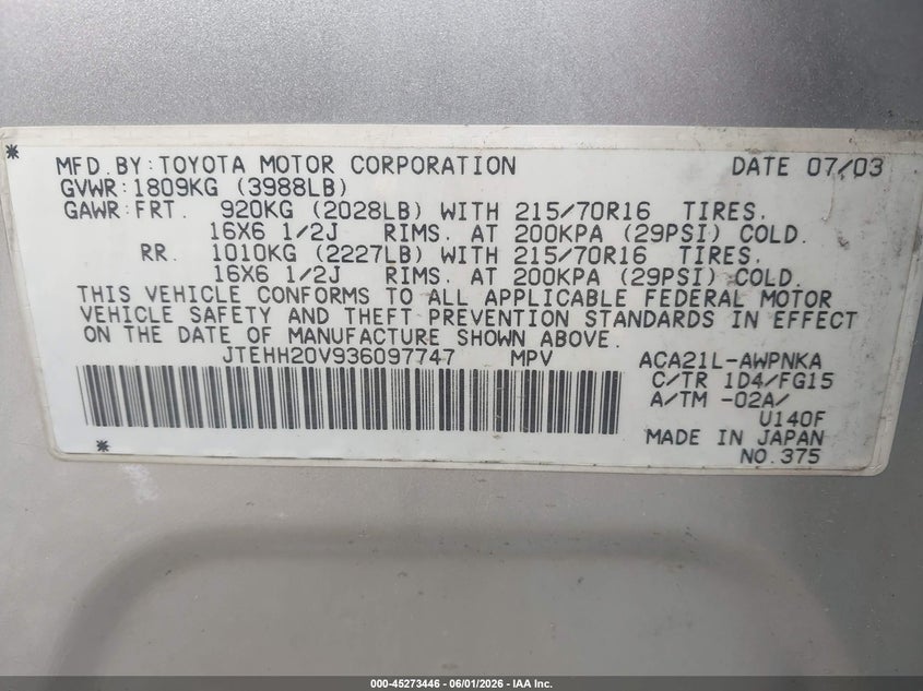 2003 Toyota Rav4 VIN JTEHH20V936097747 IAAI salvage auction — NORMAL WEAR, Clear (Illinois), sold $425 on 2026-07-22 (photo 9)