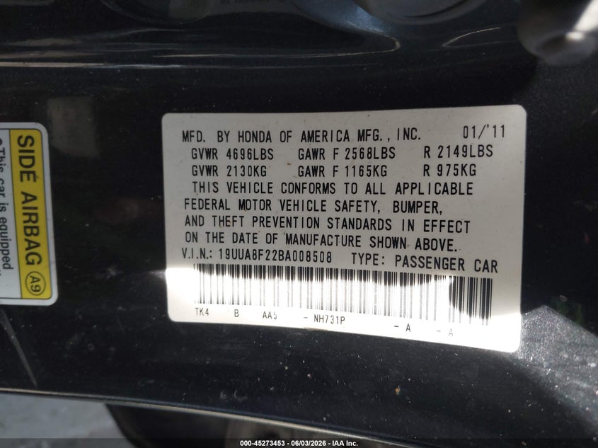 2011 Acura Tl VIN 19UUA8F22BA008508 IAAI salvage auction — ENGINE BURN, Non-Repairable Certificate (California), sold $25 on 2026-07-09 (photo 9)