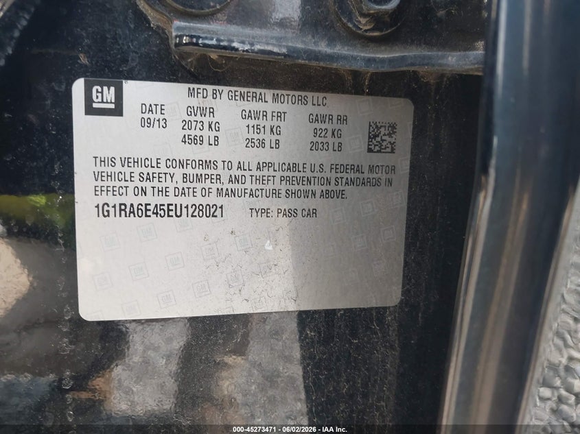 2014 Chevrolet Volt VIN 1G1RA6E45EU128021 IAAI salvage auction — LEFT SIDE, Salvage (Kentucky), sold $1,350 on 2026-07-31 (photo 9)