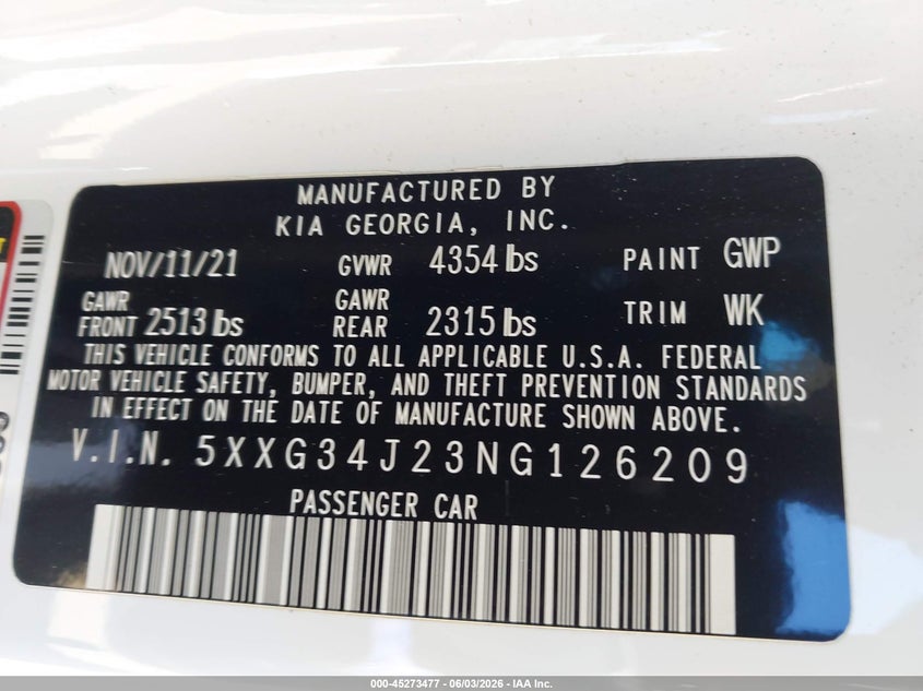 2022 Kia K5 VIN 5XXG34J23NG126209 IAAI salvage auction — RIGHT SIDE, Salvage Title, sold $6,500 on 2026-07-28 (photo 9)