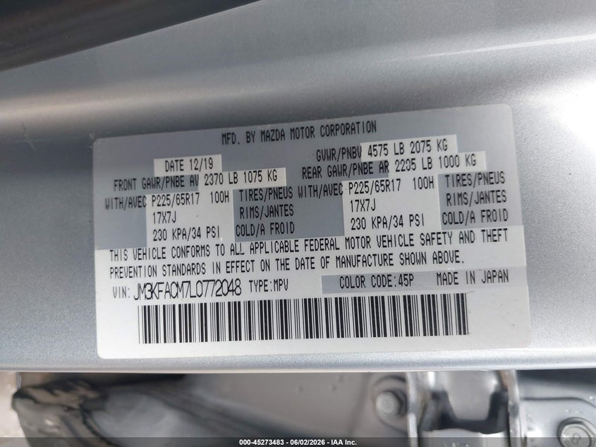 2020 Mazda Cx-5 VIN JM3KFACM7L0772048 IAAI salvage auction — LEFT FRONT, Salvage Title, sold $6,100 on 2026-07-22 (photo 9)