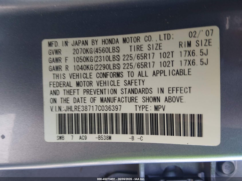 2007 Honda Cr-v VIN JHLRE38717C036397 IAAI salvage auction — NORMAL WEAR, Clear (South Carolina), sold $975 on 2026-07-08 (photo 9)