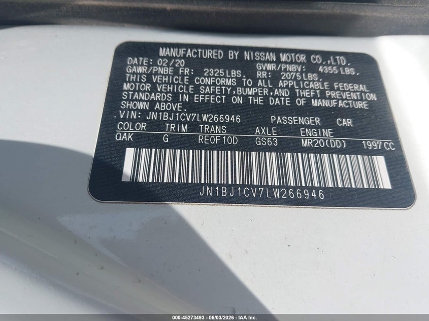 2020 Nissan Rogue VIN JN1BJ1CV7LW266946 IAAI salvage auction — RIGHT SIDE, Salvage Title, sold $3,300 on 2026-07-15 (photo 9)