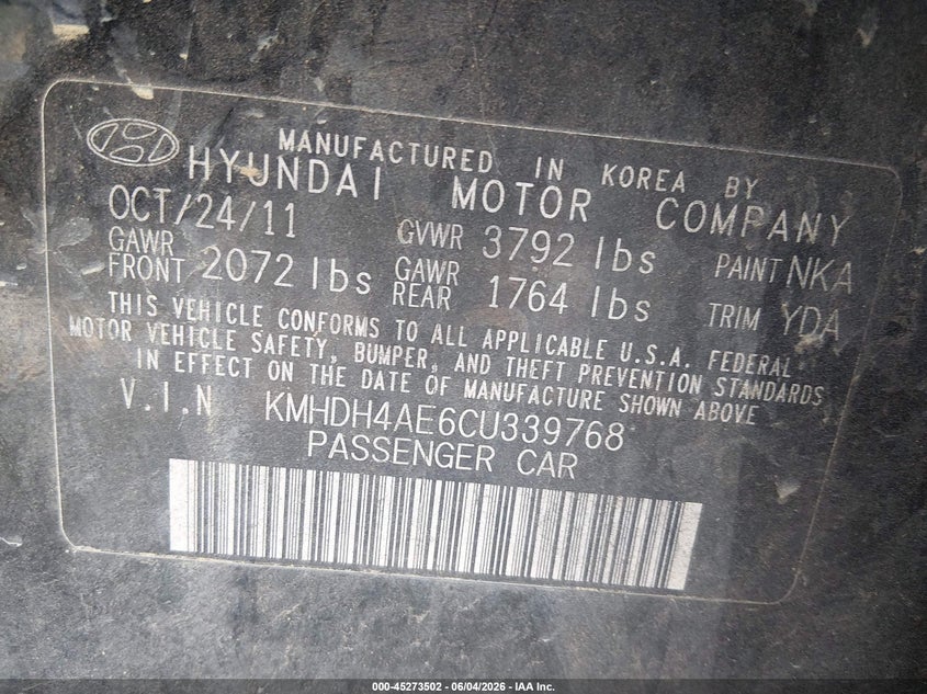 2012 Hyundai Elantra VIN KMHDH4AE6CU339768 IAAI salvage auction — FRONT END, Salvage (Texas), sold $375 on 2026-07-07 (photo 9)