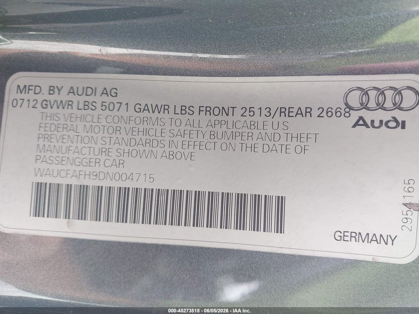 2013 Audi A5 VIN WAUCFAFH9DN004715 IAAI salvage auction — WATER/FLOOD, Salvage Title, sold $1,000 on 2026-07-16 (photo 9)