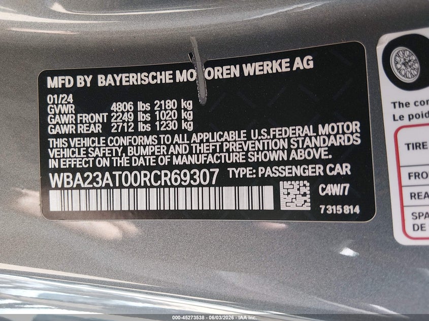 2024 BMW 4er VIN WBA23AT00RCR69307 IAAI salvage auction — FRONT END, Salvage Title, sold $10,400 on 2026-07-31 (photo 9)