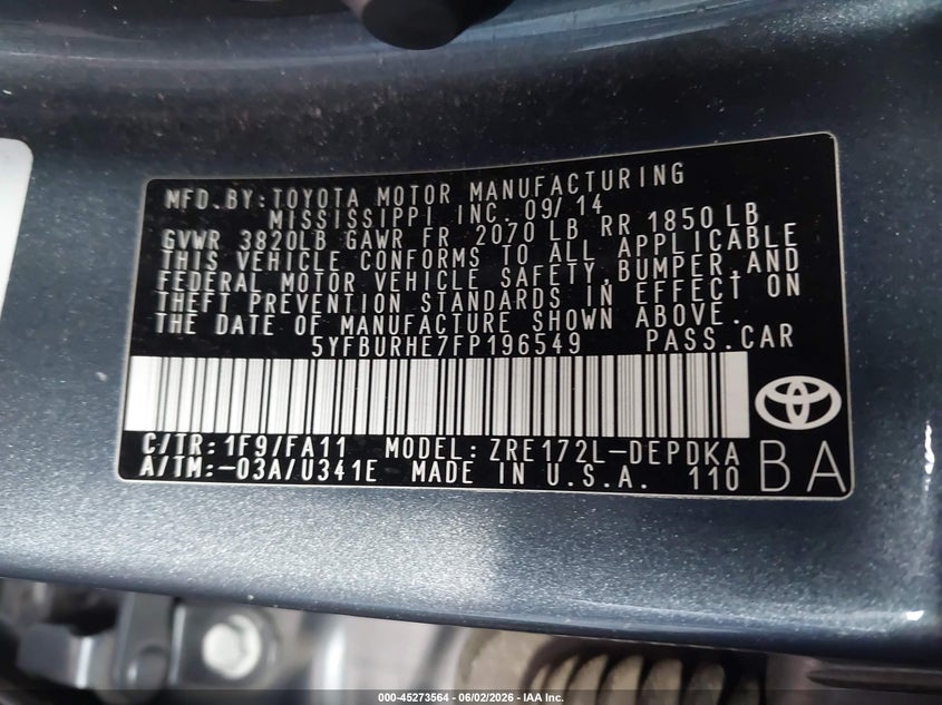 2015 Toyota Corolla VIN 5YFBURHE7FP196549 IAAI salvage auction — FRONT END, Salvage (California), sold $3,050 on 2026-07-30 (photo 9)