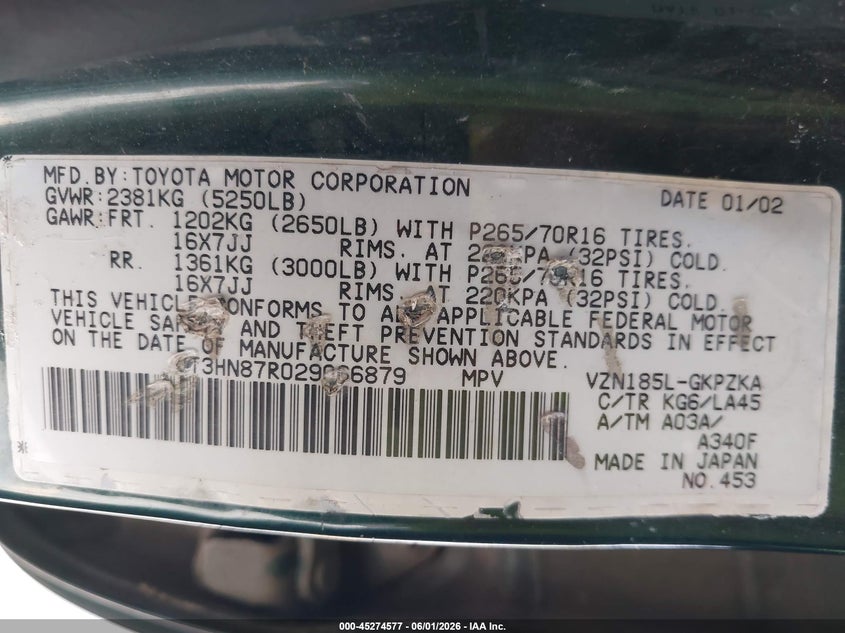 2002 Toyota 4runner VIN JT3HN87R029066879 IAAI salvage auction — NORMAL WEAR, Clear (Michigan), sold $625 on 2026-07-06 (photo 9)