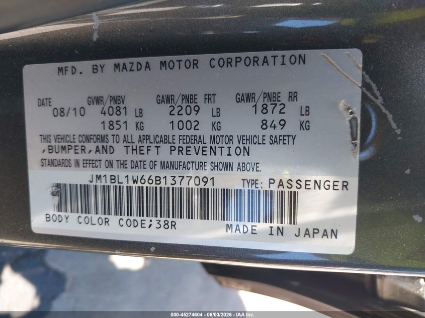 2011 Mazda 3 VIN JM1BL1W66B1377091 IAAI salvage auction — FRONT END, Mv-907A (New York), sold $425 on 2026-07-07 (photo 9)
