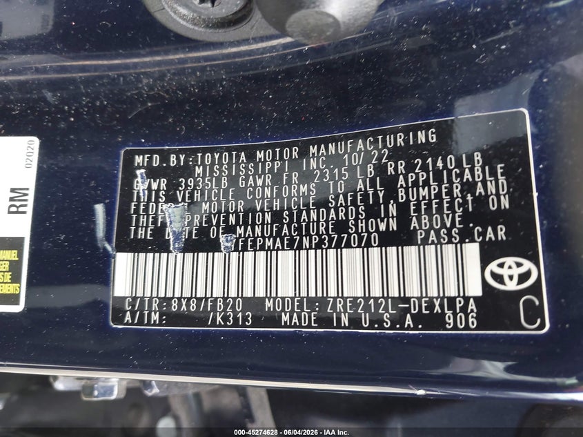 2022 Toyota Corolla VIN 5YFEPMAE7NP377070 IAAI salvage auction — FRONT END, Salvage Title, sold $3,150 on 2026-07-29 (photo 9)