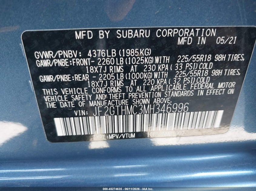 2021 Subaru Xv VIN JF2GTHMC3MH346996 IAAI salvage auction — LEFT FRONT, Salvage Title, sold $5,750 on 2026-07-22 (photo 9)
