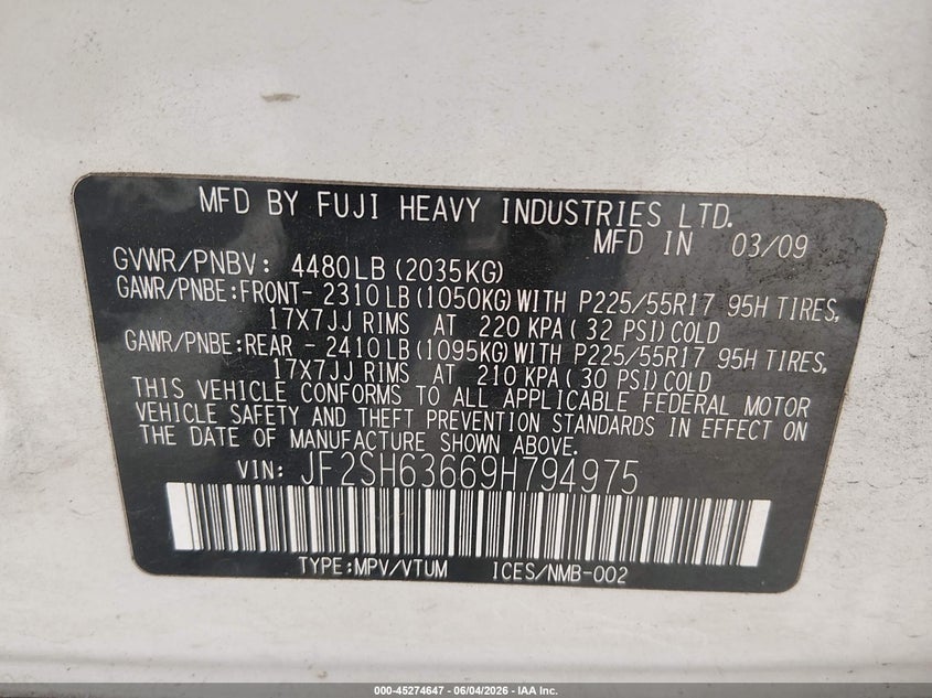 2009 Subaru Forester VIN JF2SH63669H794975 IAAI salvage auction — FRONT END, Bill Of Sale (Washington), sold $550 on 2026-07-08 (photo 9)