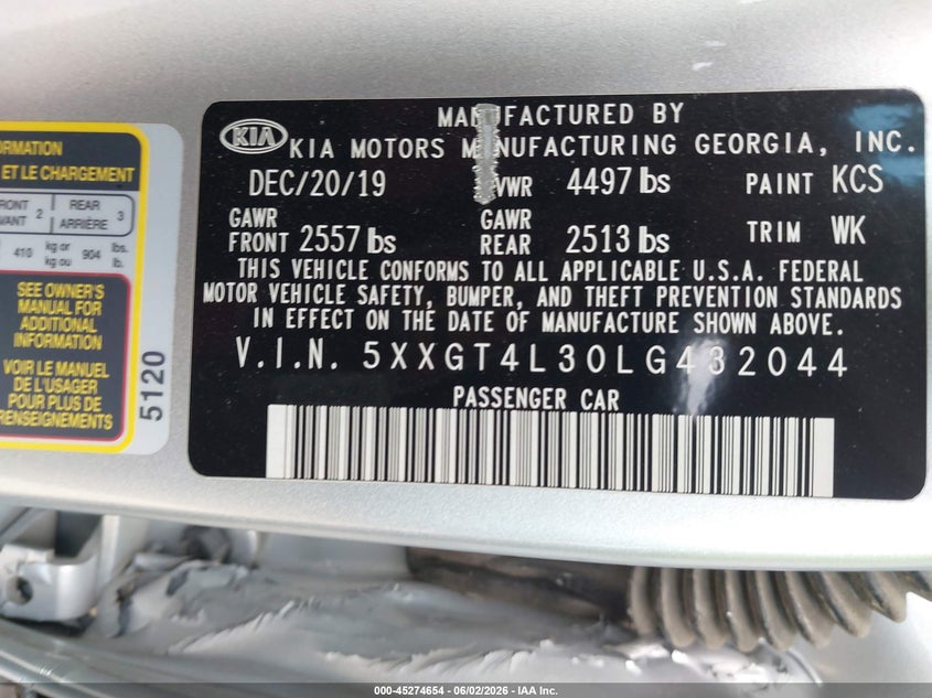 2020 Kia Optima VIN 5XXGT4L30LG432044 IAAI salvage auction — SIDE, Salvage Title, sold $2,400 on 2026-07-10 (photo 9)