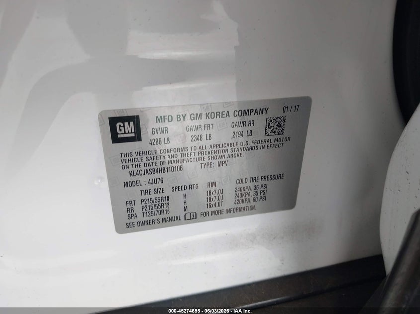 2017 Buick Encore VIN KL4CJASB4HB110106 IAAI salvage auction — UNDERCARRIAGE, Salvage Title, sold $1,350 on 2026-07-15 (photo 9)