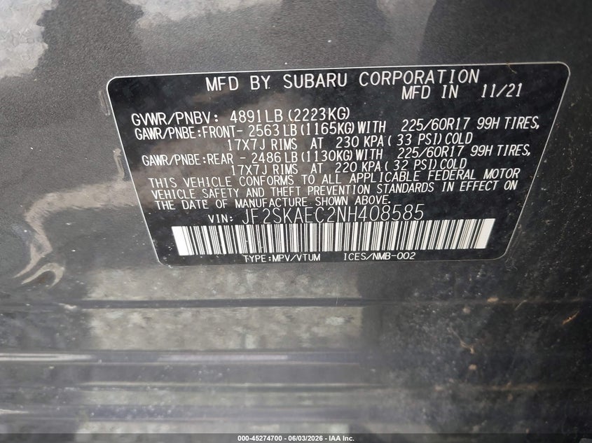 2022 Subaru Forester VIN JF2SKAEC2NH408585 IAAI salvage auction — FRONT END, Salvage Title, sold $2,650 on 2026-07-21 (photo 9)