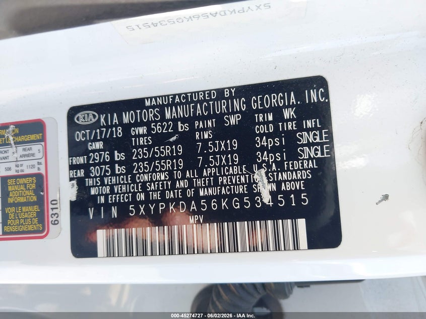 2019 Kia Sorento VIN 5XYPKDA56KG534515 IAAI salvage auction — FRONT END, Salvage (Virginia), sold $950 on 2026-07-28 (photo 9)