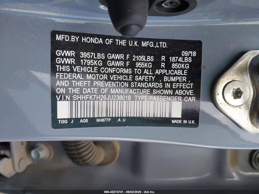 2018 Honda Civic VIN SHHFK7H26JU238018 IAAI salvage auction — REAR END, Original (Texas), sold $5,000 on 2026-07-12 (photo 9)