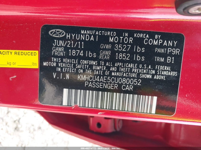 2012 Hyundai Accent VIN KMHCU4AE5CU080052 IAAI salvage auction — LEFT SIDE, Clear (Florida), sold $825 on 2026-07-22 (photo 9)